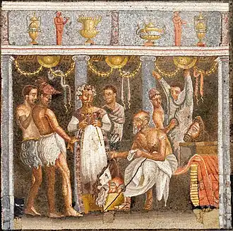 Chorèges et acteurs. Mosaïque de la Maison du Poète tragique de Pompéi, v. 70 apr. J.-C., à partir d'un original du IIIe&nbsp;siècle&nbsp;av. J.-C. Musée archéologique de Naples.