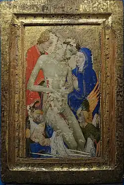 petit tableau doré avec un gros cadre et une couche picturale très abimée