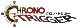 Chrono Trigger écrit ondulé sur deux lignes bordeaux et noire. C forme la moitié de cadran aux aiguilles visibles.