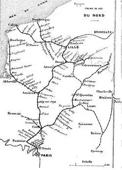 Ancienne carte simplifiée, montrant un ensemble de lignes ferroviaires.