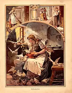 Illustration avec trois vignettes : l'une où une jeune fille vêtue de haillons passe le balai, la seconde où elle pleure sur le pas de la porte alors qu'un groupe de trois femmes richement parées s'éloigne, et la dernière où, seule dans une cuisine, elle donne à manger à des oiseaux.