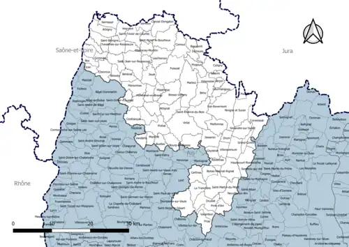 Carte de la première circonscription de l'Ain, issue de la réforme de 2010, avec la composition en communes au 1er janvier 2019.