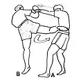 [B] porte une riposte en  coup de pied circulaire après un jab adverse, ici en boxe birmane.