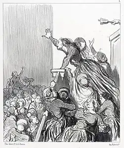 Caricature dans laquelle Honoré Daumier raille l'engagement politique des femmes (Les Divorceuses, lithographie publiée dans le journal Le Charivari du 4 août 1848).