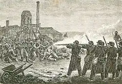 Civils et mineurs de fond tués par l'infanterie lors de la fusillade du Brûlé à La Ricamarie, le 16 juin 1869. Gravure de 1883.