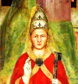 Portrait d'un pape portant la tiare et le manteau rouge.