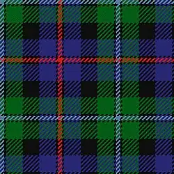 Clan Campbell of Cawdor : la bande verte chargée d'un filet rouge bordé de noir, la bande bleue chargée d'un filet blanc bordé de noir.
