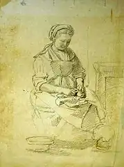 Femme épluchant devant l'âtre, dessin, musée de Nogent-le-Rotrou.