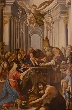 Circoncision d'un bébé, au milieu d'une foule, dans un décor antiquisant.