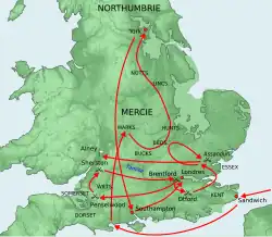 Carte de l'Angleterre montrant les mouvements de Knut tels que décrits dans cette section de l'article.