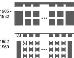 Sur ce schéma, les piliers et les parois de la galerie sont simplifiés sous la forme de formes géométriques en gris, disposées régulièrement : de grandes parois qui encadrent  des piliers. Entre la première image et la seconde, les piliers comme les parois ont été réduits dans toutes les directions, réduisant leur largeur.