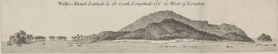Gravure montrant une île assez plate, avec des îlots où se trouvent des palmiers.