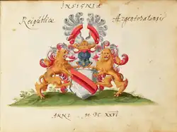 Dessin d'un blason blanc traversé par une diagonale rouge, entouré par un lion jaune de chaque côté, et surmonté par un casque avec des plumes blanches et rouges.