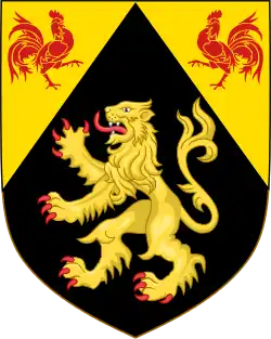 Blason du Brabant Wallon, reprenant le blason du Duché de Brabant ainsi que le coq de la Wallonie. Octroyé le 2 janvier 1995 par le Conseil.