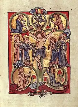 Ecclesia avec un calice, et Synagoga tenant une tête de bouc. Psautier de Scherenberg, v. 1260, Strasbourg