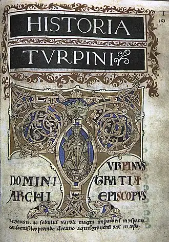 Turpin en couverture de la Chronique de Turpin(Codex Calixtinus, vers 1150).