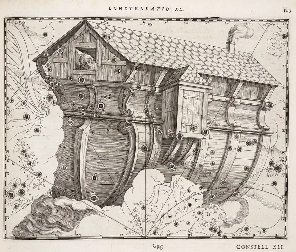 La constellation du navire Argo, nommée en référence à l'Argo, devient l'arche de Noé. La constellation de la Colombe, aussi visible, porte un rameau d'olivier, autre référence au mythe de Noé.