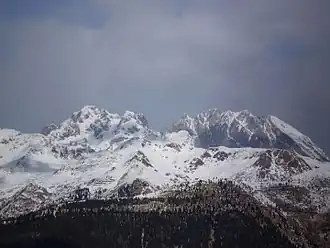Vue depuis le Monte Zoncolan : le Monte Coglians, la creta delle Chianevate et le Monte Crostis au premier plan.