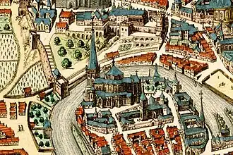 Représentation de la collégiale Saint-Jean telle qu'elle existait en 1649.