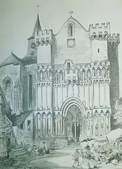 Dessin en noir et blanc du porche nord de la collégiale.