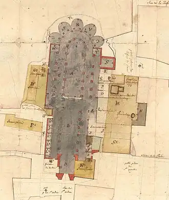 Plan ancien de la basilique, à laquelle sont adossés plusieurs bâtiments.