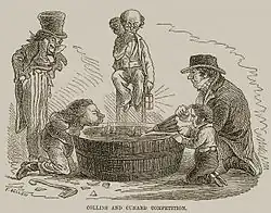 Caricature représentant un baquet d'eau où se trouve deux voiliers miniature. Deux personnages tentent de faire avancer leur embarcation avec un soufflet ou en soufflant dessus sous le regard d'Oncle Sam et de John Bull. Un homme circonspect est assis sur une chaise haute et observe la compétition.