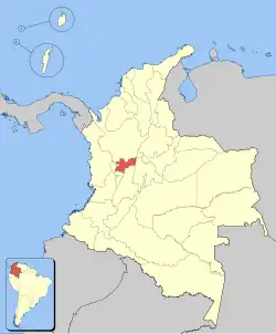 Carte des limites administratives de Colombie. Le pays est en blanc sur fond bleu de la mer et pays voisins grisés. Le département de Caldas est en rouge.