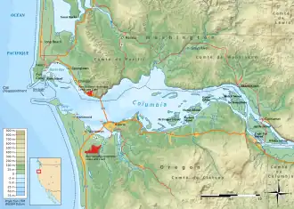 Carte de l'embouchure du Columbia avec le cap Disappointment en haut à gauche