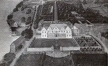 Peinture représentant une vaste maison au bord d'un lac.