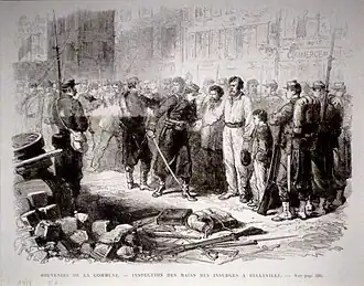 Dessin montrant des soldats inspectant les mains de certains individus.