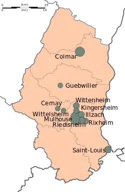 Carte du Haut Rhin, qui représente ses communes de plus de 10&nbsp;000&nbsp;habitants.