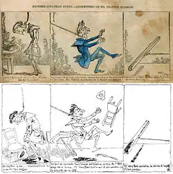 Trois cases de bande dessinée en noir et blanc extraites de Les amours de M. Vieux-bois de Rodolphe Töpffer sous trois cases quasi-identiques tirées de The Adventures of Obadiah Oldbuck en couleur montrant le plagiat du premier par le second.