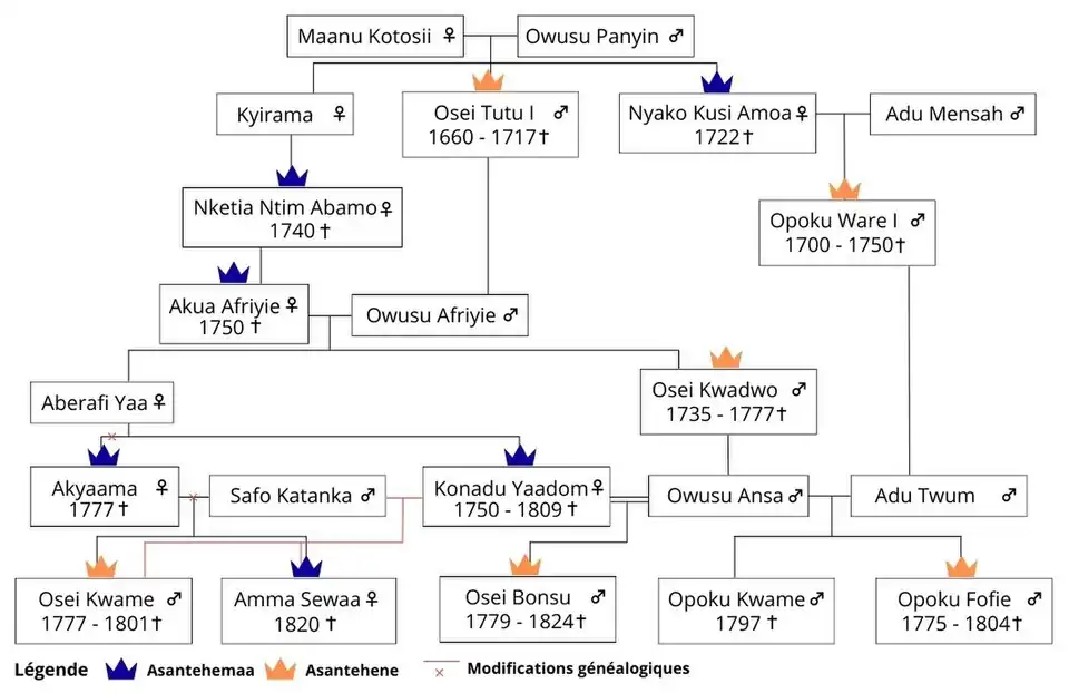 Arbre généalogique simplifié pointant la lignée depuis les premiers asantehemaa et asantehene jusqu'à Opoku Fofie et aux principaux enfants de sa fratrie adoptive et utérine : Osei Kwame, Amaa Sewaa, Osei Bonsu et Opoku Kwame.