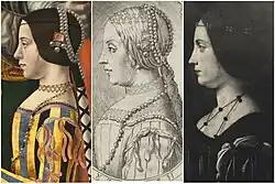 Dans la gravure de Carracci, les vêtements et les bijoux sont tirés de Pala Sforzesca, mais l’expression est plus similaire au prétendu portrait de Predis.