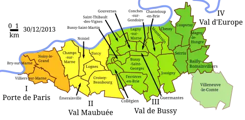 Carte présentant les différentes communes de Marne-la-Vallée, classées par secteur.