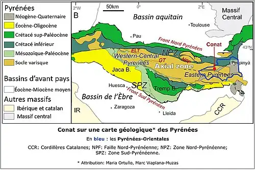 Conat sur une carte géologique des Pyrénées.