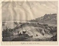 Confluent du Rhône et de la Saône au XIXe&nbsp;siècle, dessin de Louis-Julien Jacottet.