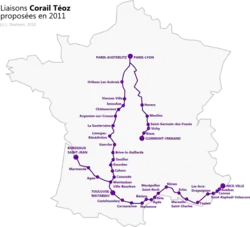 Carte du réseau Téoz en 2011