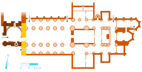 Plan d'une église où les phases de constructions apparaissent de couleurs différentes.