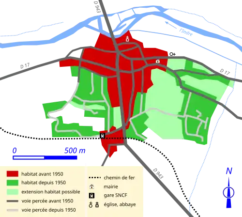Carte représentant en couleurs les étapes d'expansion urbaine d'une ville.
