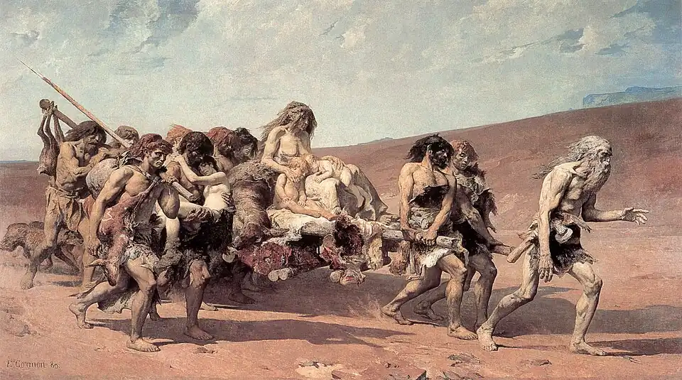 Peinture d'un groupe d'hommes à l'aspect primitif, seulement vêtus de pagnes et marchant dans le désert. Un vieil homme ouvre le chemin, et derrière lui quelques hommes portent un lourd brancard sur lequel se tient une femme avec deux jeunes enfants endormis.