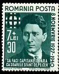 Timbre à l’effigie du fondateur de la Garde de Fer, Corneliu Codreanu. Le texte dit : Capitaine, fais-nous un pays qui brille comme le soleil saint du ciel.