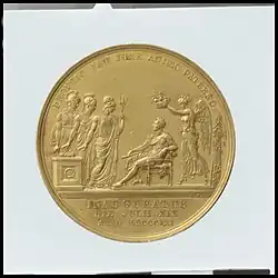 Médaille du couronnement de George IV (1821). Remarquez le roi surélevé.