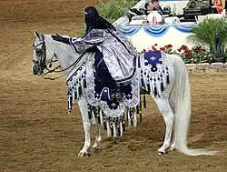 Cheval gris et sa cavalière portant un costume inspié des traditions arabes.