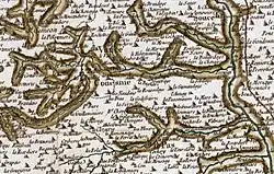 Carte ancienne du XVIIIe siècle montrant les communes de Couesmes et Vaucé et les villages alentours.