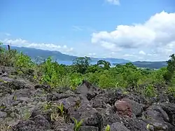 Coulée de lave et lac Arenal.
