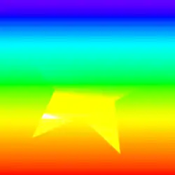 Une étoile en dégradé noir et blanc à laquelle est appliquée un mode de fusion "densité couleur -" avec le calque du dessous qui est un dégradé multicolore. Les couleurs sombres laissent place au couleur les plus claires avec l'application de ce mode, tout en augmentant le contraste.