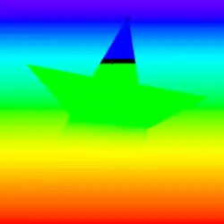 Une étoile en dégradé noir et blanc à laquelle est appliquée un mode de fusion "densité couleur +" avec le calque du dessous qui est un dégradé multicolore. Les couleurs claires laissent place aux couleurs les plus sombres avec l'application de ce mode, tout en augmentant le contraste.