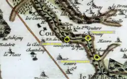 Carte ancienne en couleurs sur laquelle sont reportés les emplacements de moulins.