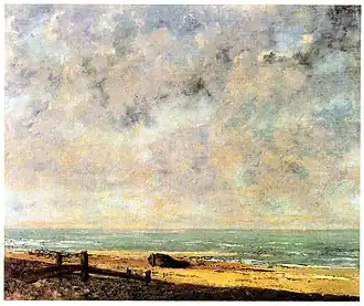 Mer -  Gustave Courbet - La ligne d'horizon est clairement une ligne de fuite de la perspective. L'absence de lignes droites fuyant vers l'infini rend difficile d'affirmer si l'horizon est ou non ligne de fuite principale. Si vous partagez le sentiment que la mer y est peinte selon une vue en légère plongée, c'est-à-dire que l'artiste est situé sur un promontoire, alors l'horizon de ce tableau n'est pas pour vous une ligne principale.